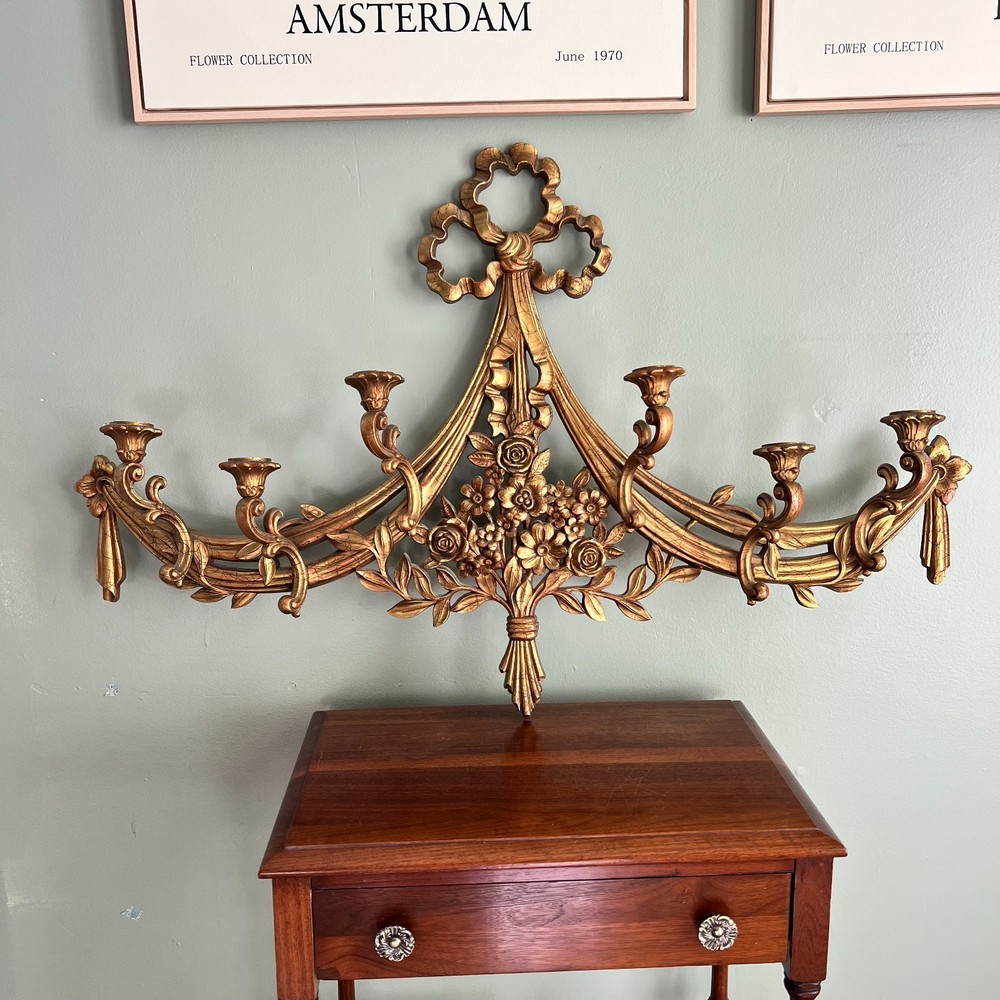 Vintage Syroco Gold Wall Candelabra 1970 Hollywood Regency 39”