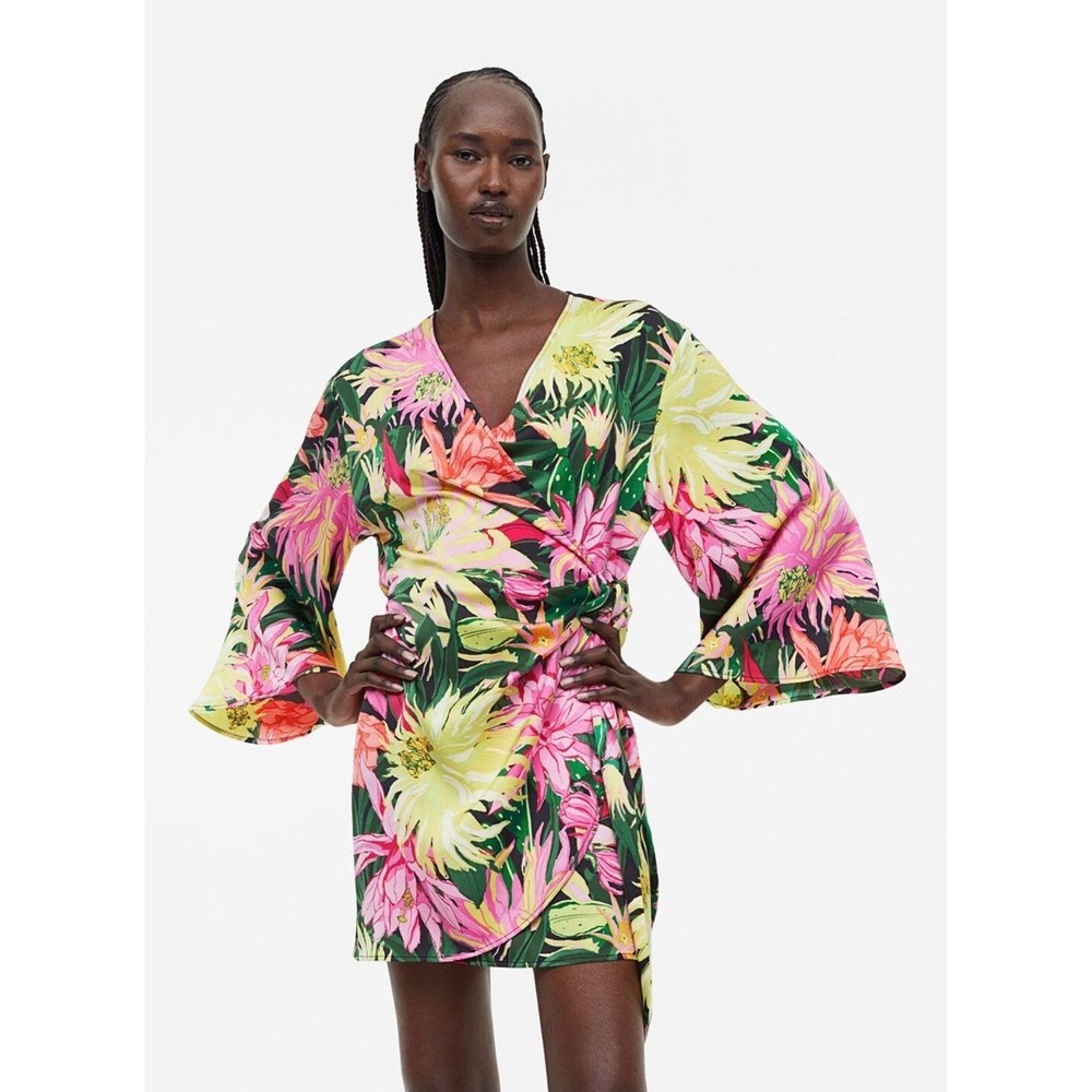 H&M Tropical Floral Wrap Mini Dress Pink Yellow Green Wide Flare Sleeve  S