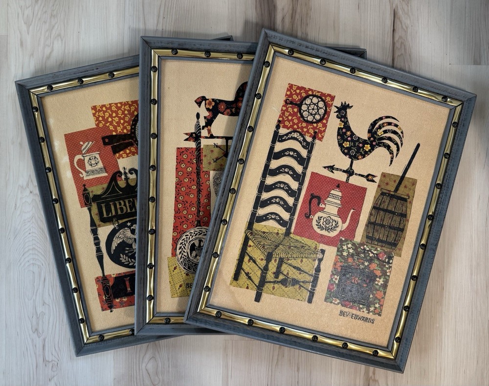 Set Of 3 Vintage Bev Edwards Wood Frame Prints Americana Folk Art Farmhouse
