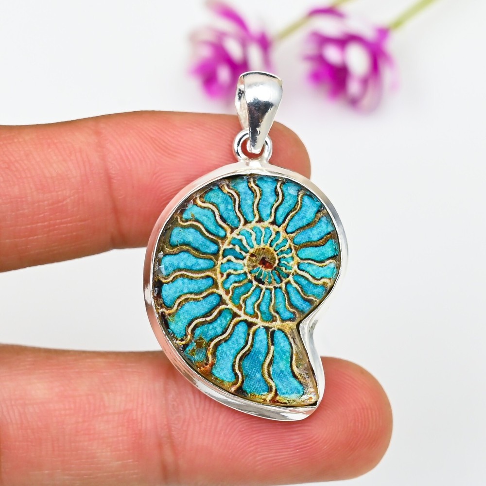 Turquoise Ammonite Gemstone Pendant in 925 Sterling Silver Jewelry Birthday Gift