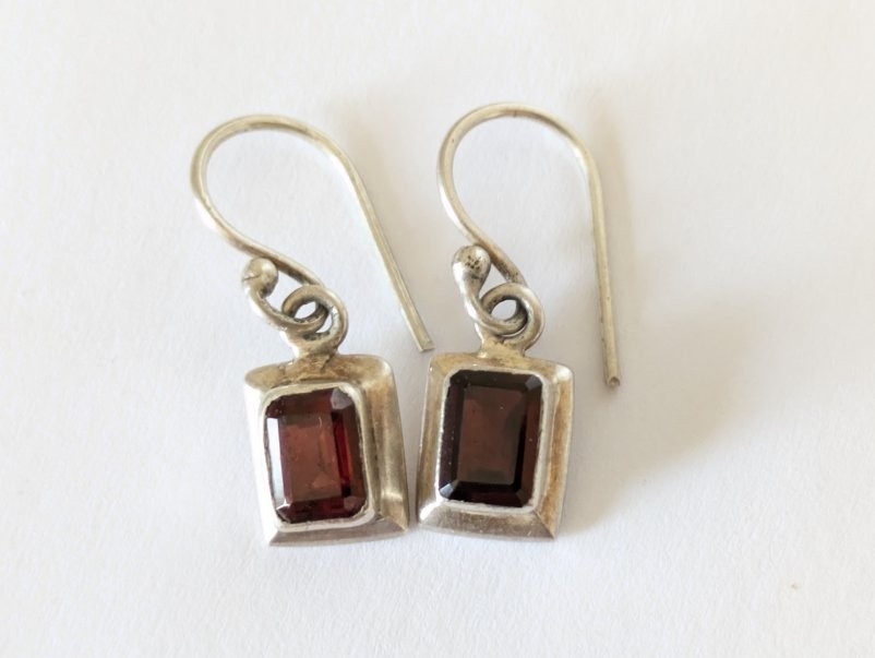 Vintage 925 Signed Sterling Silver & Red Rectangle Stone Dangle Hook Earrings