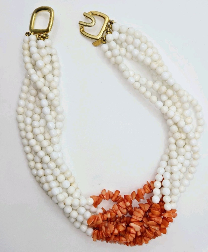 Vintage Kenneth Lane Multi Strand White Bead Necklace Coral Chip Accent Signed