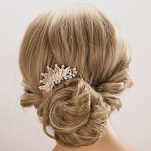 Peacock Crystal Vintage Rhinestone Champagne Hair Side Combs with Long Teeth