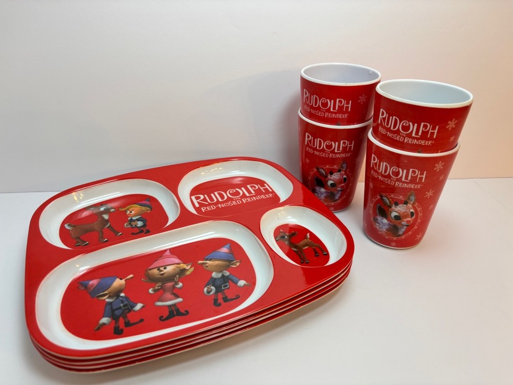 Set of 4 Divided Plates and Cups - Rudolph The Red Nosed Reindeer - Christmas