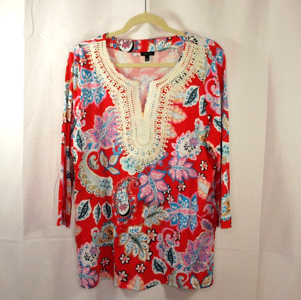 Talbots Size XL Lace Trim Red Split Neck 3/4 Sleeve Cotton Knit Tunic