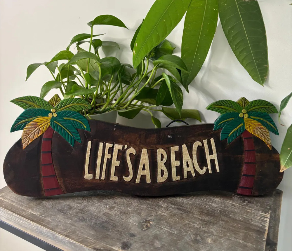 Hawaii Hand Made Wall Hanging Decor Life's A Beach Palm Trees Tropical Wood Sign