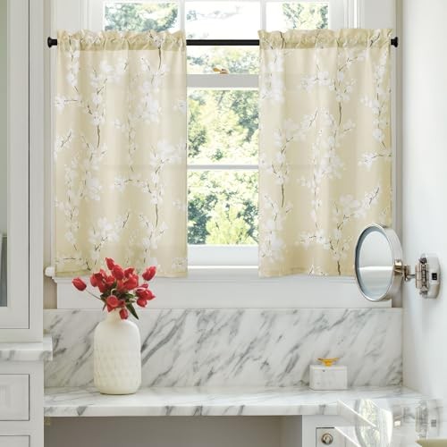 Beige Kitchen Tier Curtains 24 Inch Length Windows White Blossom Print Light