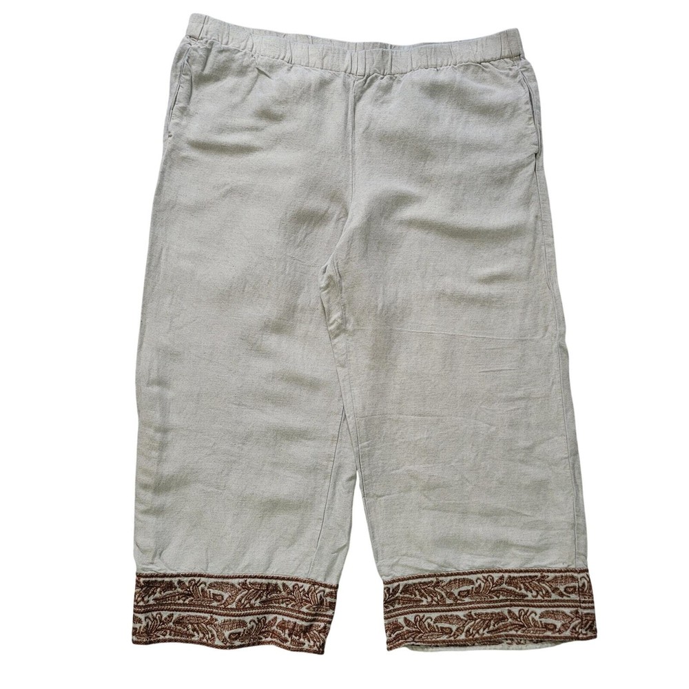 J.Jill Size L Linen Blend Embroidered Hem Wide Leg Pants Pull On Off White Brown