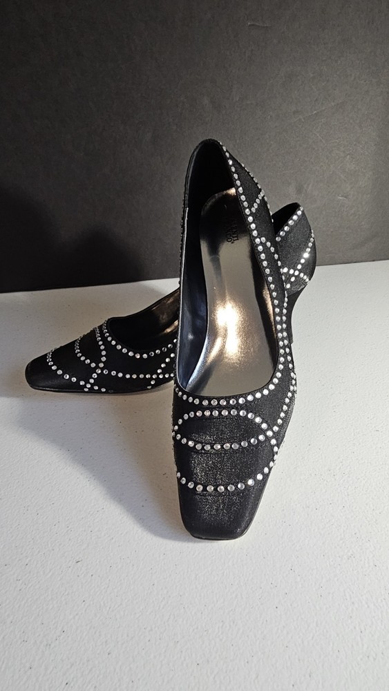 Valenti Franco Olem Pewter Sterling Black W/crystals Low Heel Pumps Sz 10 Vegan