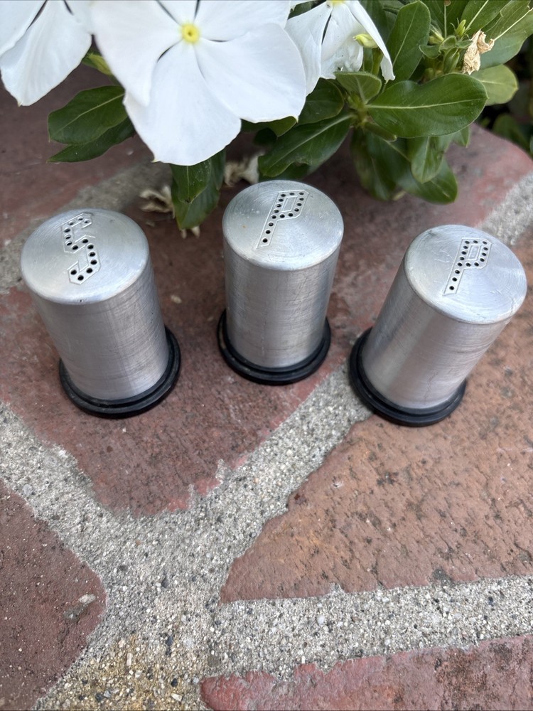 3 Vintage 1950’s MCM Spun Aluminum Salt and Pepper Shakers Set with Black Bases