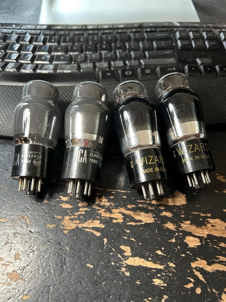 Quad of 6F6G vacuum tubes plug in sub for 6V6G RCAs, and WIzard by RCA