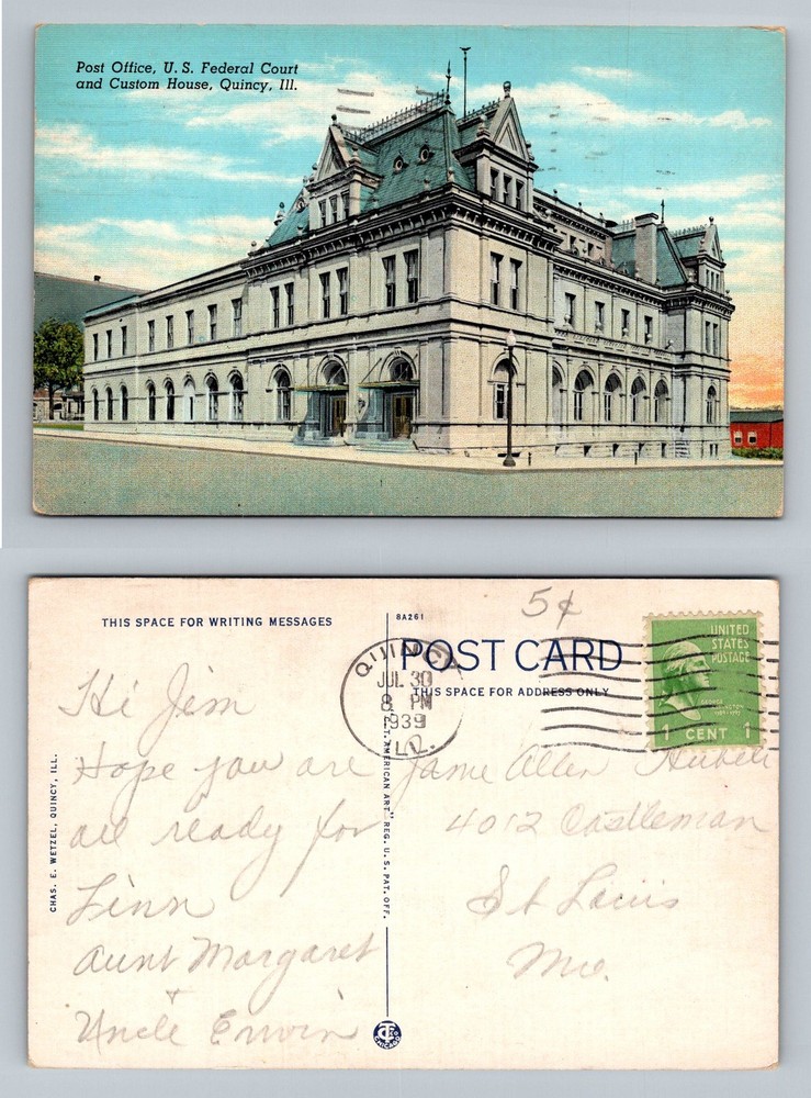 Quincy, IL-Illinois, P.O. & Federal Court Custom House Vintage c1939 Postcard