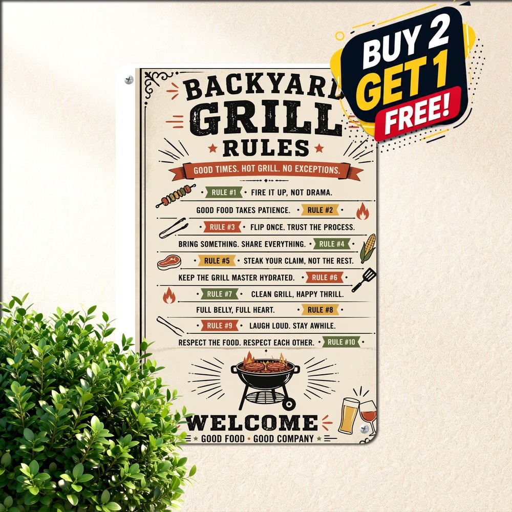 Backyard BBQ Rules Grill Checklist Typography Layout Sign Metal Tin Plaque