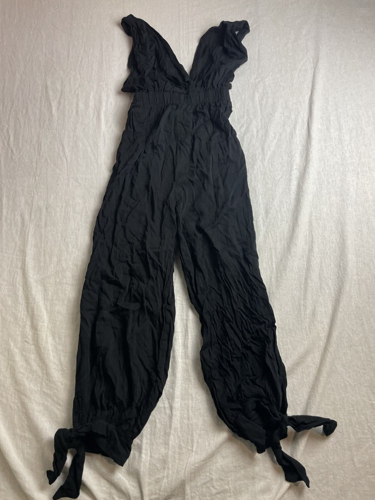 HYFVE Black Womens Size S Gauze Wide Leg Boho Lagenlook Festival Tie Jumpsuit