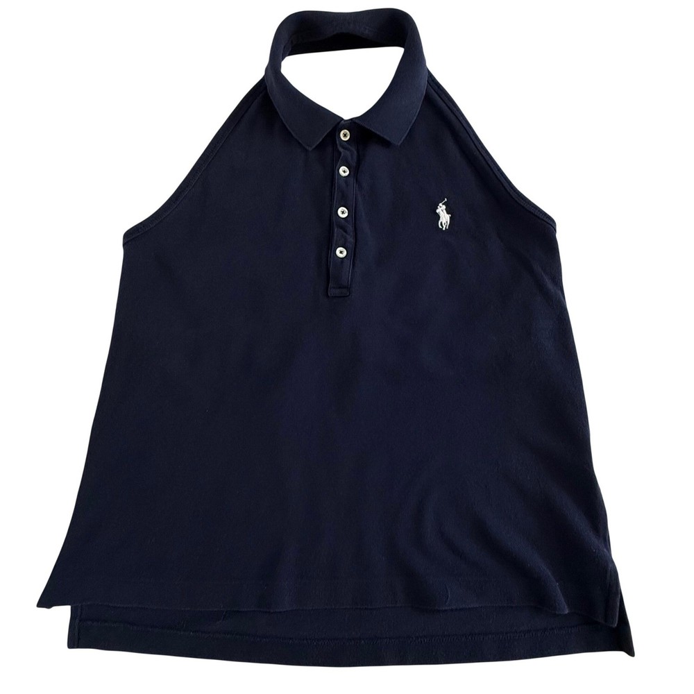 Ralph Lauren Womens Halter Polo Tank Top Navy Blue Size XL Y2K Preppy Old Money