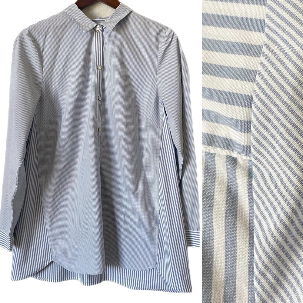 J.JILL Tunic Top Shirt Button Front  Mixed Stripes Blue & White Sz M