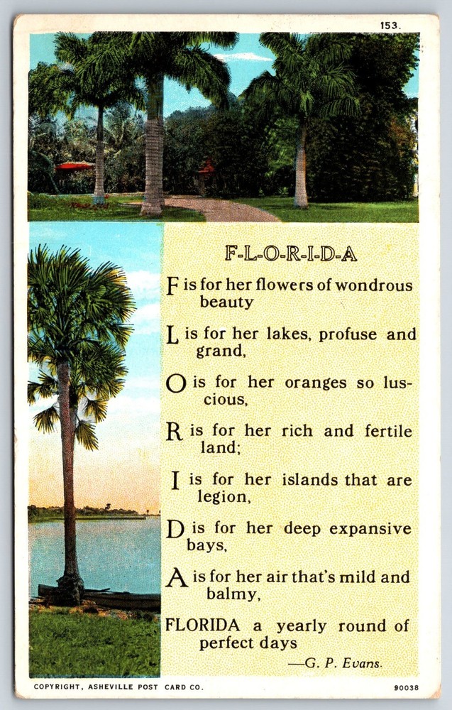 Florida~Poem By GP Evans~Palm Trees Along Path & Lake~PM 1930~Vintage Postcard