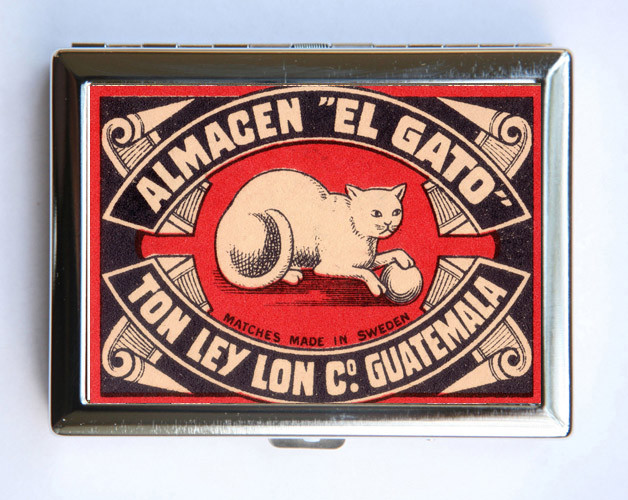 Vintage El Gato Cat Match Label Cigarette Case Wallet Business Card Holder  