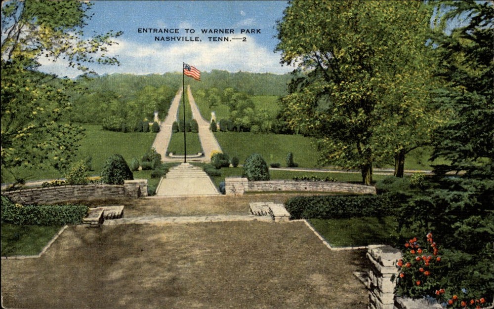 Warner Park entrance Nashville Tennessee flag ~ 1940s vintage linen postcard