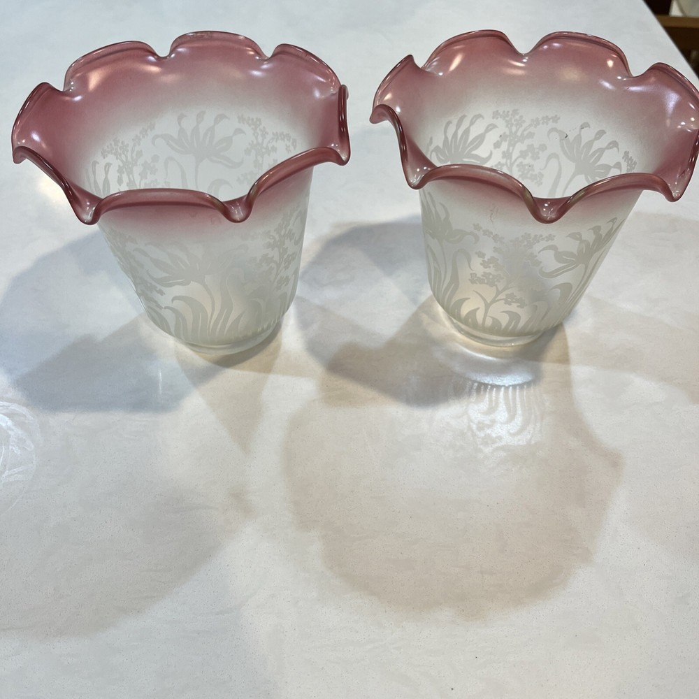 2 Victorian Cranberry Frosted Floral Etched Glass Kerosene Oil Lamp Tulip Shade