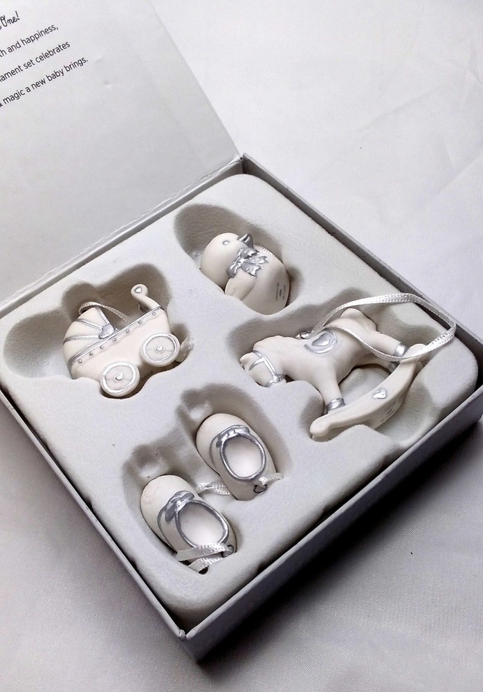 WELCOME BABY PORCELAIN HALLMARK MINIATURE CHRISTMAS ORNAMENT ( 2 SETS OF 4) NEW