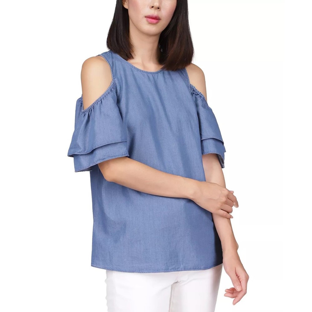 Michael Kors Women Blue Denim Casual Tiered-Sleeve Cold-Shoulder Top Size S