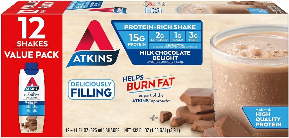 Atkins Milk Chocolate Protein Shake with 15g Protein 2g Net Carbs 12 Pack