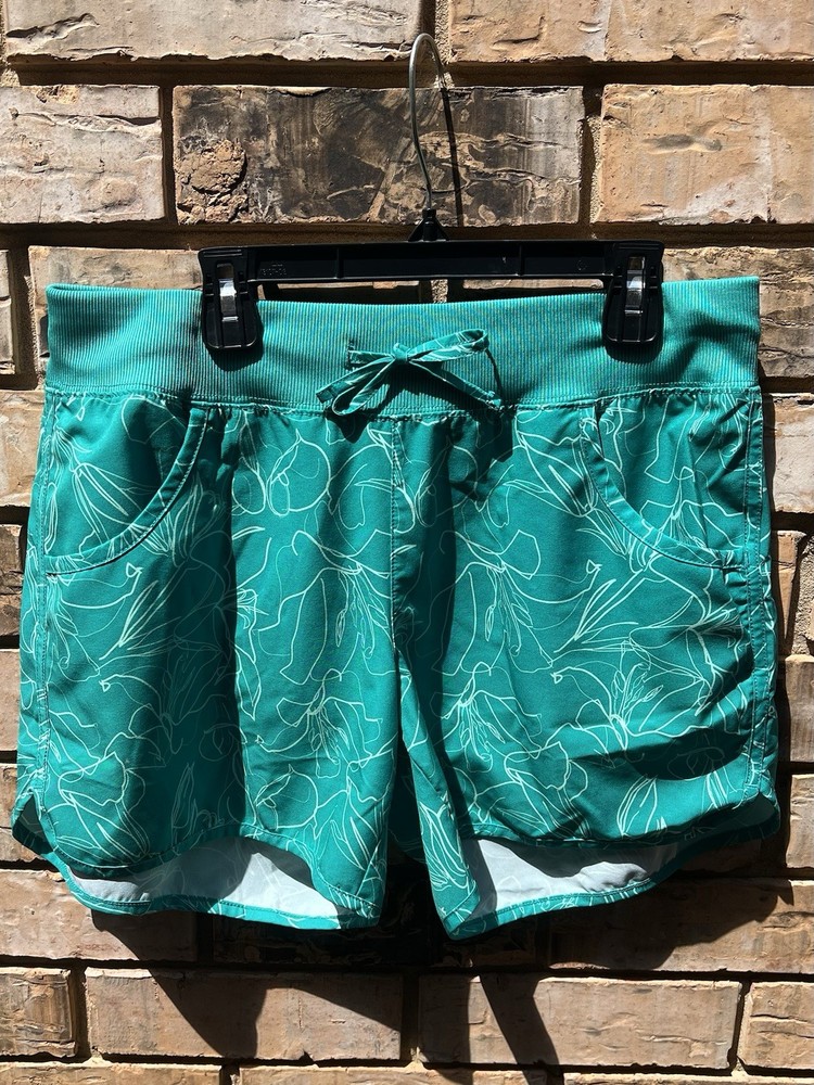 Magellan Outdoors Fish Shorts Womens Medium Green Floral Print Drawstring Swim💚
