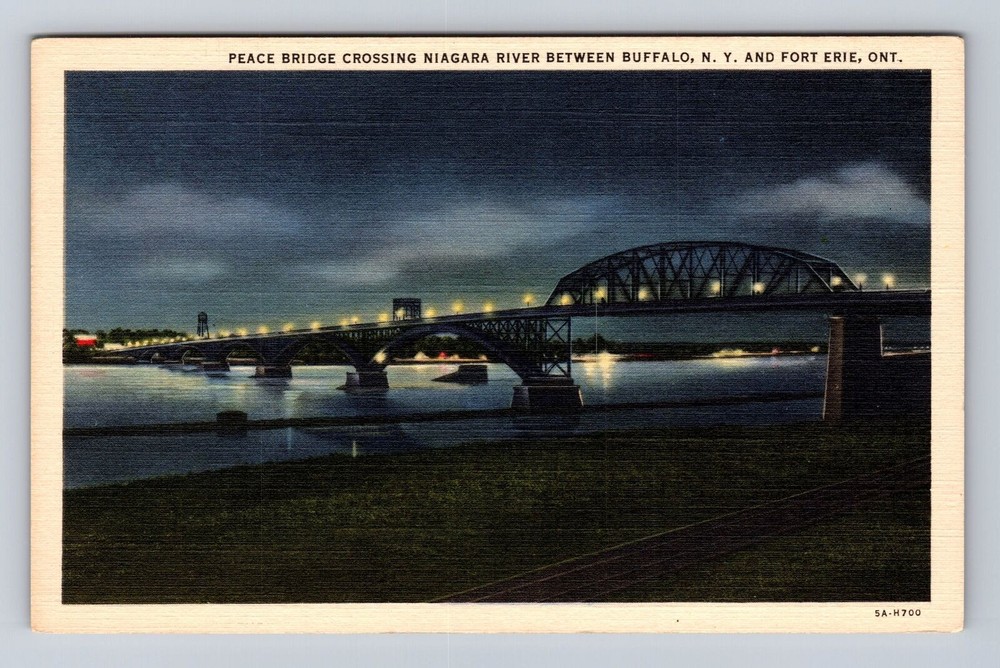 Buffalo NY-New York, Peace Bridge Over Niagara River At Night, Vintage Postcard