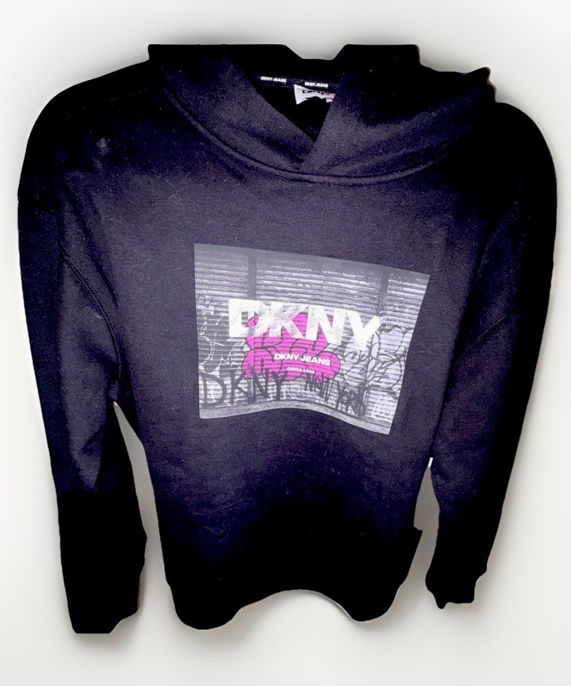 Vintage DKNY Jeans Navy Blue Embroidered Hooded Sweatshirt Hoodie Medium