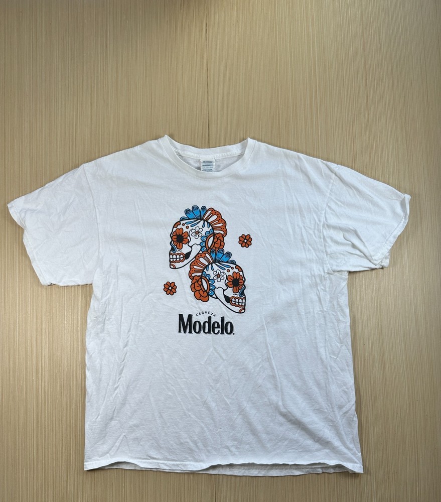 Delta Pro Weight T Shirt Mens XL White Cotton Cerveza Modelo Beer Skull Print