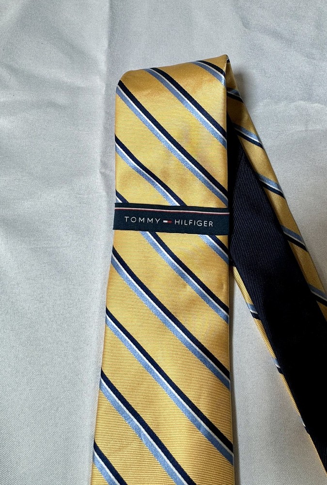 Tommy Hilfiger Yellow & Navy Striped Silk Tie New With Tags NWT