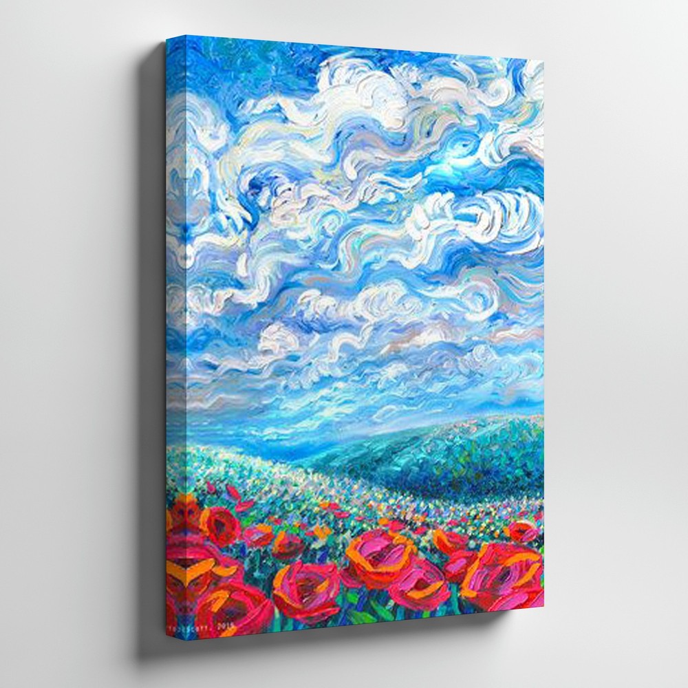 Colorful Abstract Floral Canvas Wall Art With Blue Sky And White Clouds Print-image