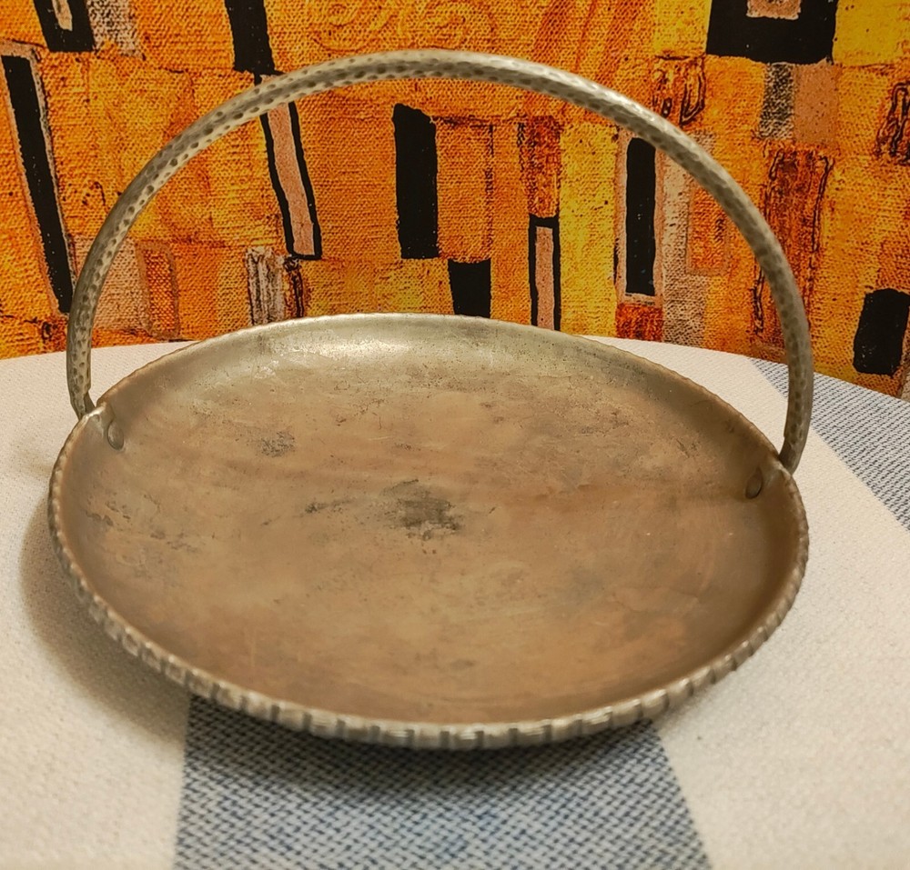 Vintage Wrought Farberware Hammered Tray & Handle Small Aluminum Round 1950s 19
