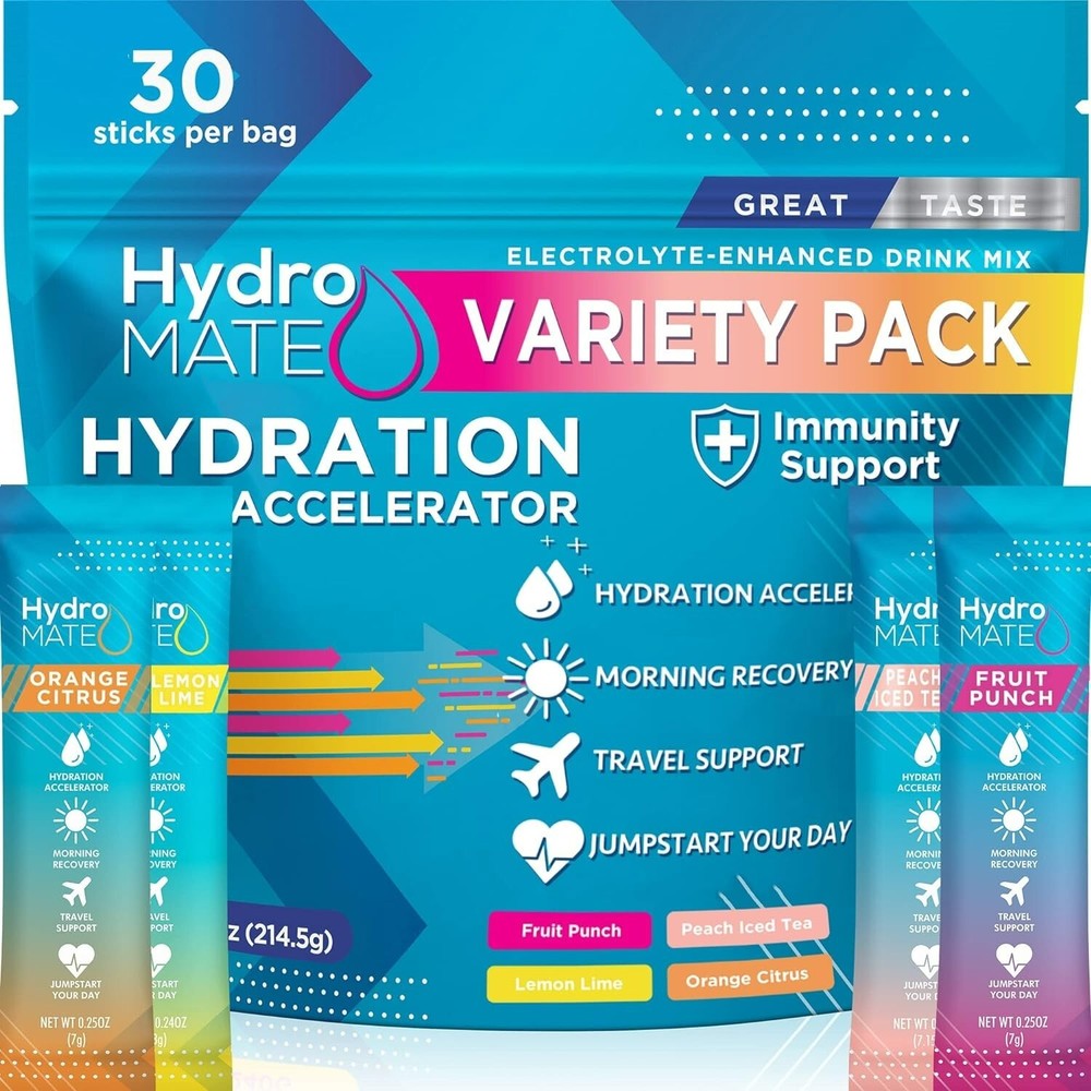 HydroMATE Electrolytes Powder Drink Mix Packets Hydration Accelerator, 30PK