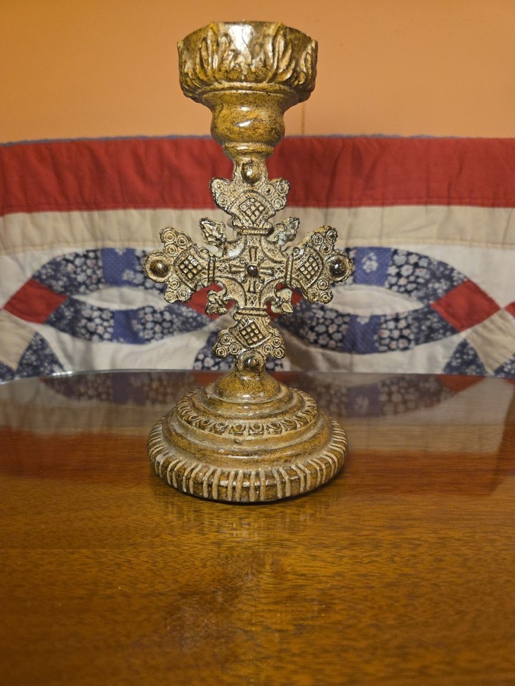 Title: Vintage Ethiopian Coptic Cross Candle Holder - Ornate Religious Folk Art