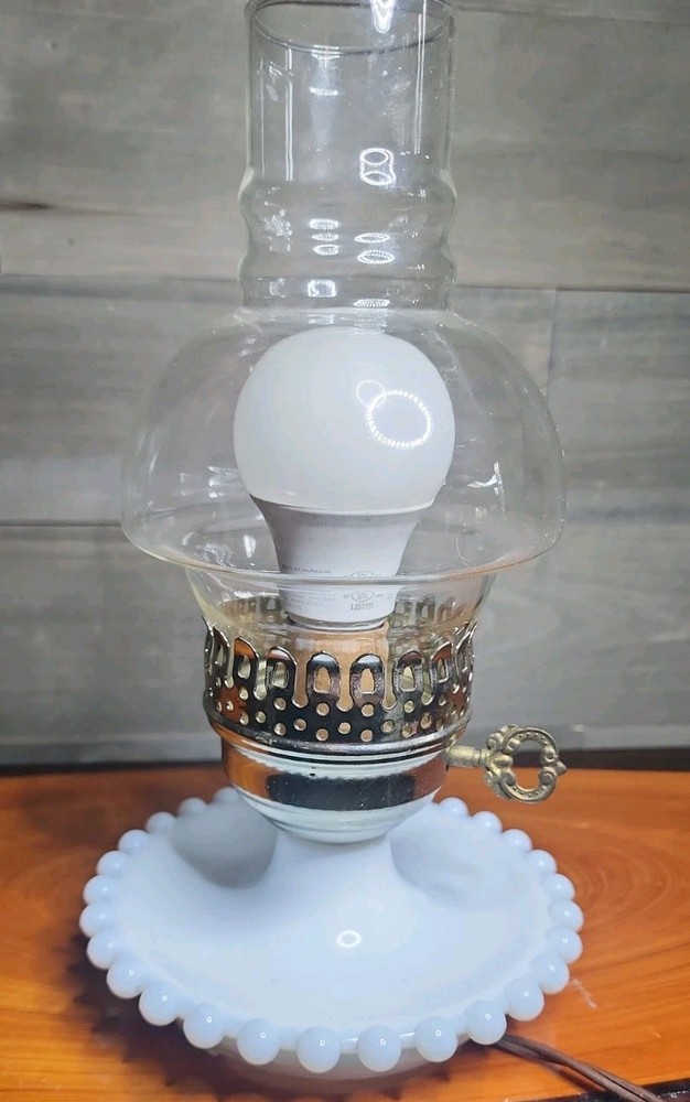 Vintage Milk Glass Hobnail Electric Hurricane Lamp Key Turn 10.5