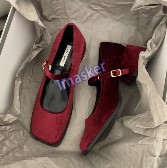 Womens Mary Jane Casual Square Toe Shoes Retro Velvet Comfort Mid Block Heels
