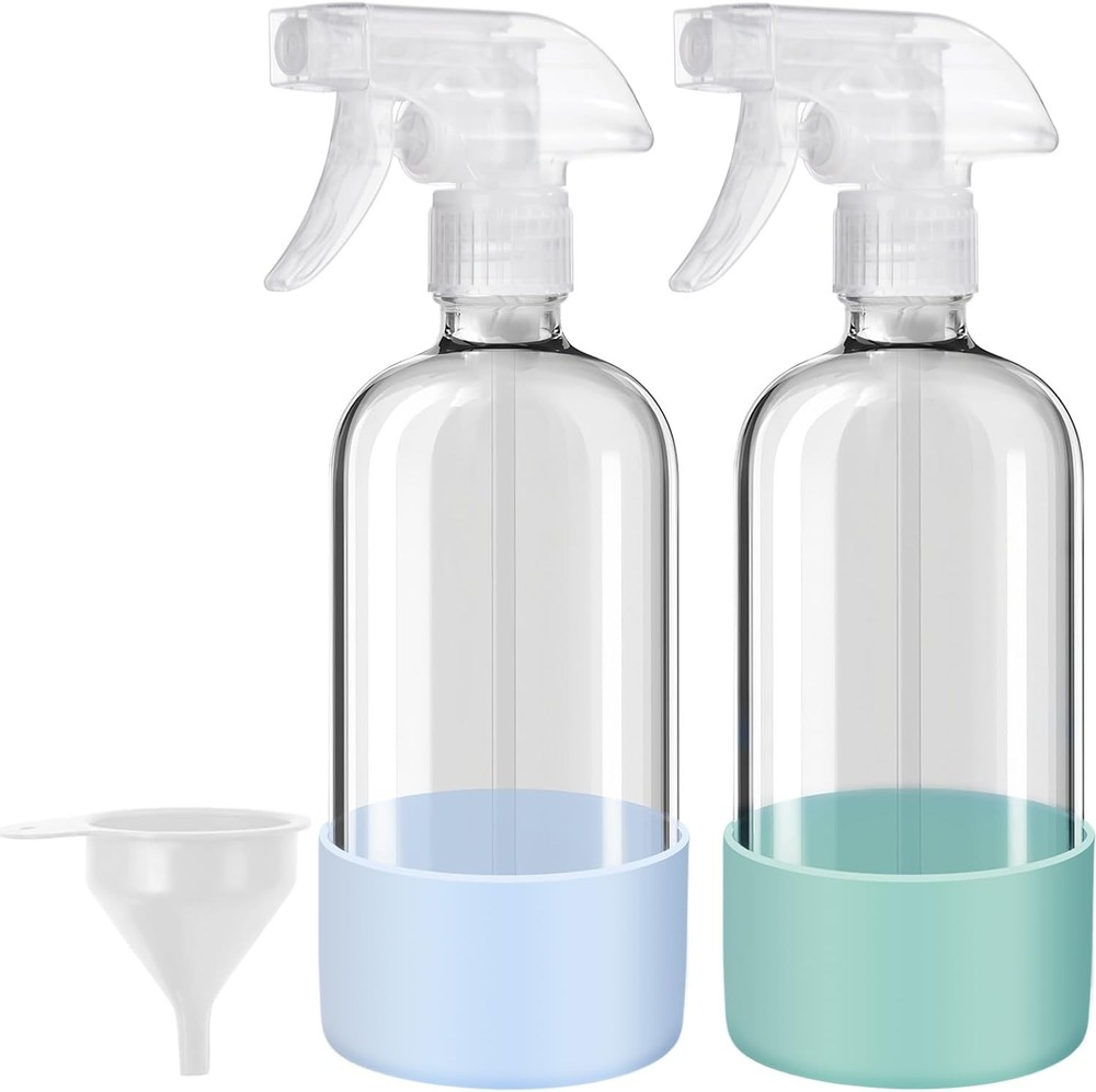 Glass Spray Bottles with Silicone Sleeves (2 Pack, 16 Oz), Mist and Stream Empty