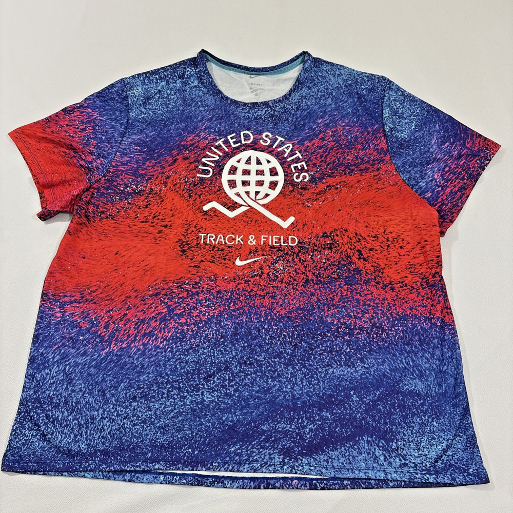 Nike Dri-FIT USA Miler Running Top Men’s XXL Short Sleeve FJ3411-635 Red Blue