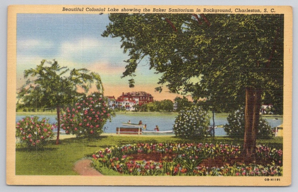 Colonial Lake Baker Sanitorium Charleston SC Linen Postcard c1930s