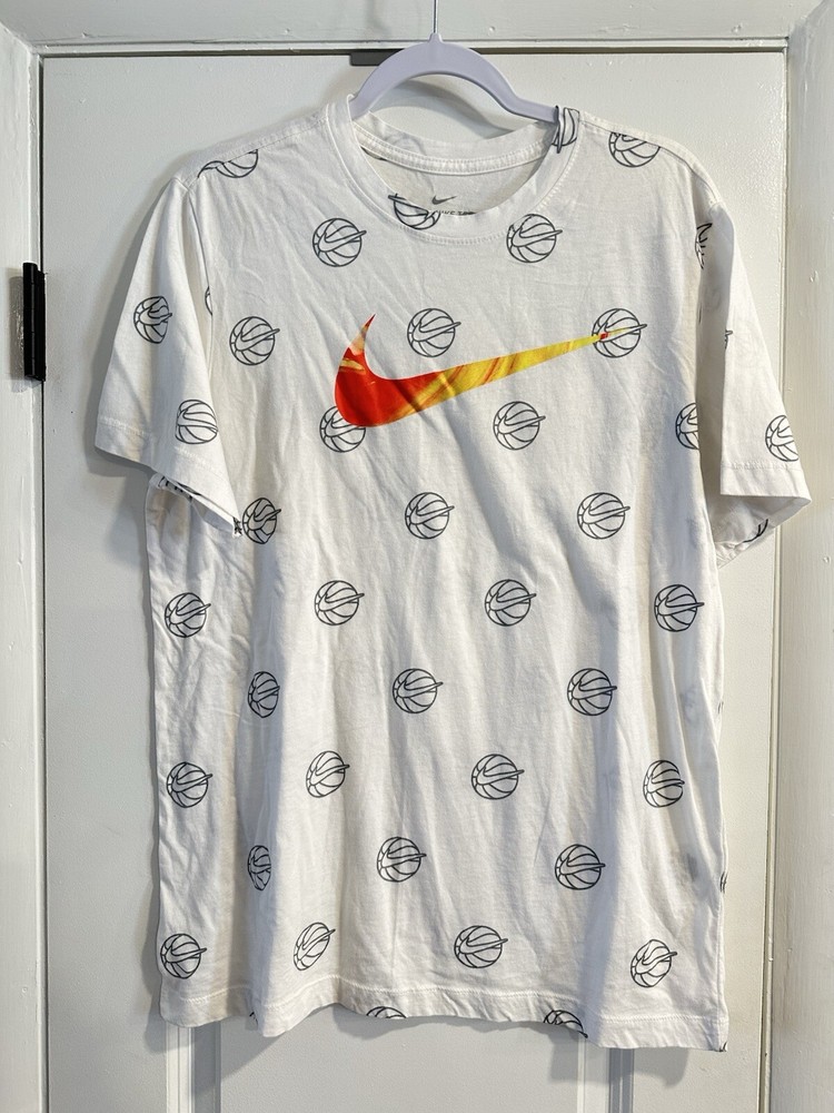 Nike Men's Basketball size L All Over Graphic Print Large T Shirt White Black