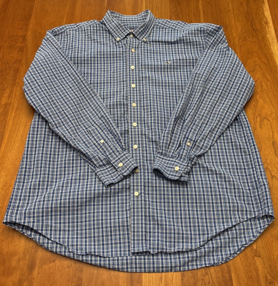 Vineyard Vines Button Up Whale Shirt Mens Large Blue White 100% Cotton Preppy