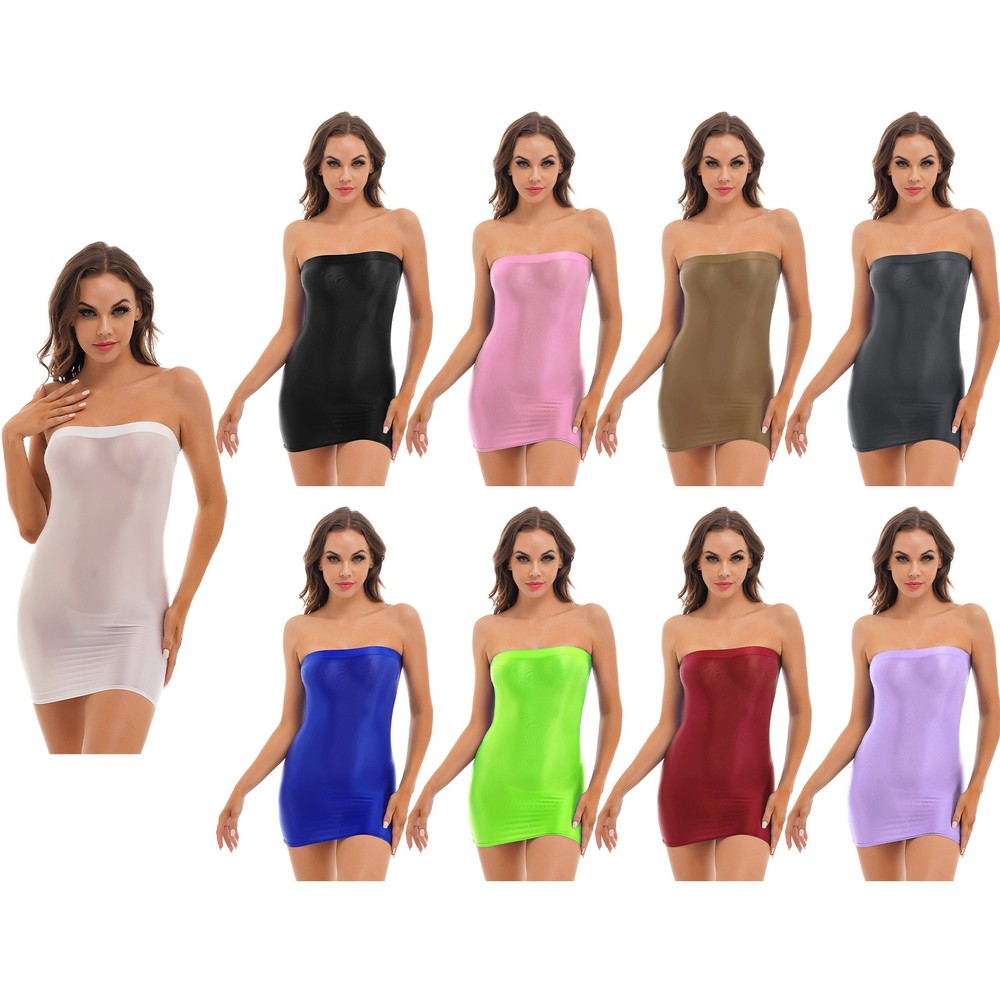 US~ Women Glossy Sheer Strapless Tube Dress Stretchy Bodycon Mini Dress Clubwear
