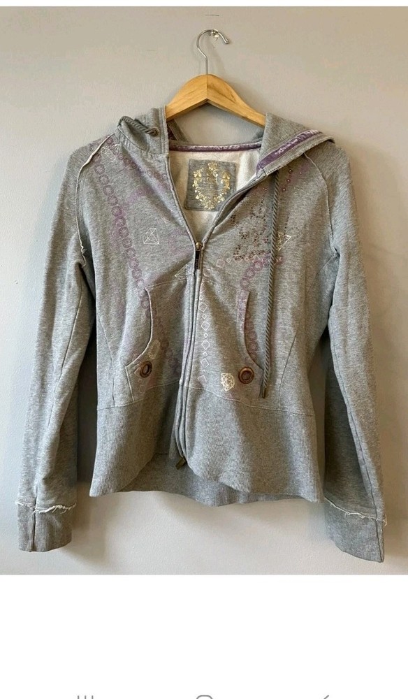Red by Marc Ecko Hoodie Womens L Gray Full Zip Rhinestone Graphic Studded Y2k