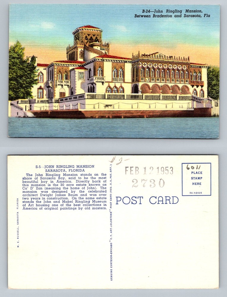 Sarasota, FL-Florida, John Ringling Mansion Ca d Zan Vintage c1953 Postcard