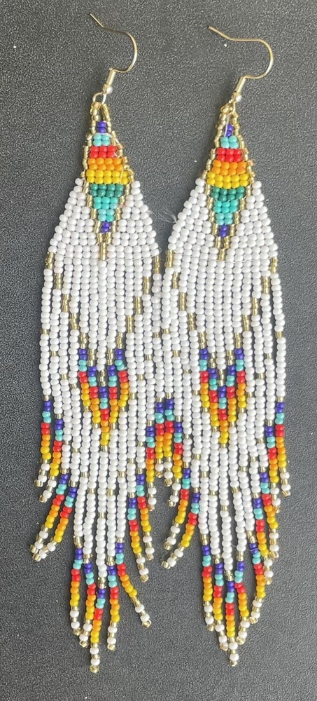 Boho Native Style White Rainbow Seed Bead Beaded Earrings Fringe Tassel Long