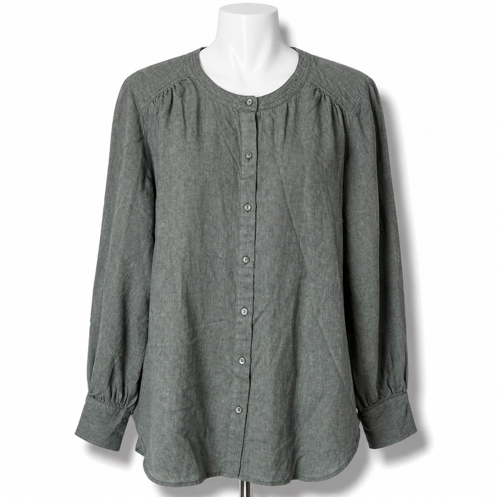 J.Jill 100% Linen Button Up Tieside Blouse Womens 2X Green Preppy Minimalist