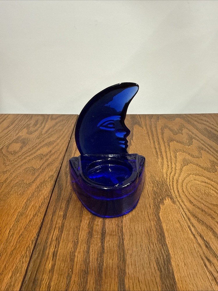 🌛🔵 MAN IN THE MOON Cobalt Blue Glass Crescent Tealight Holder Celestial Decor
