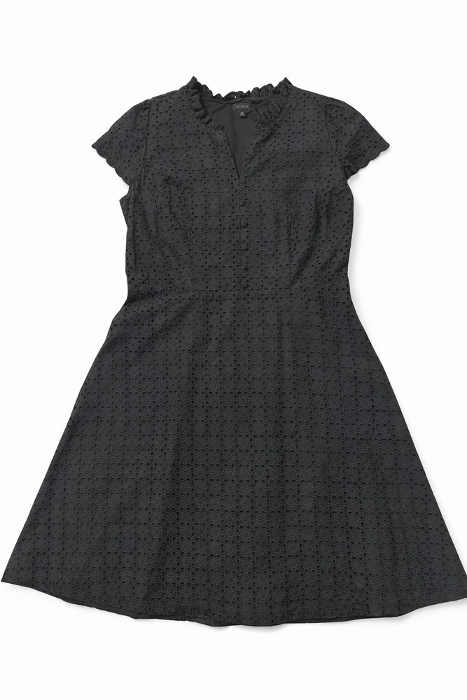 Talbots Women’s Black Eyelet Dress Size 10 Cotton Lined Short Sleeve A-Line Midi